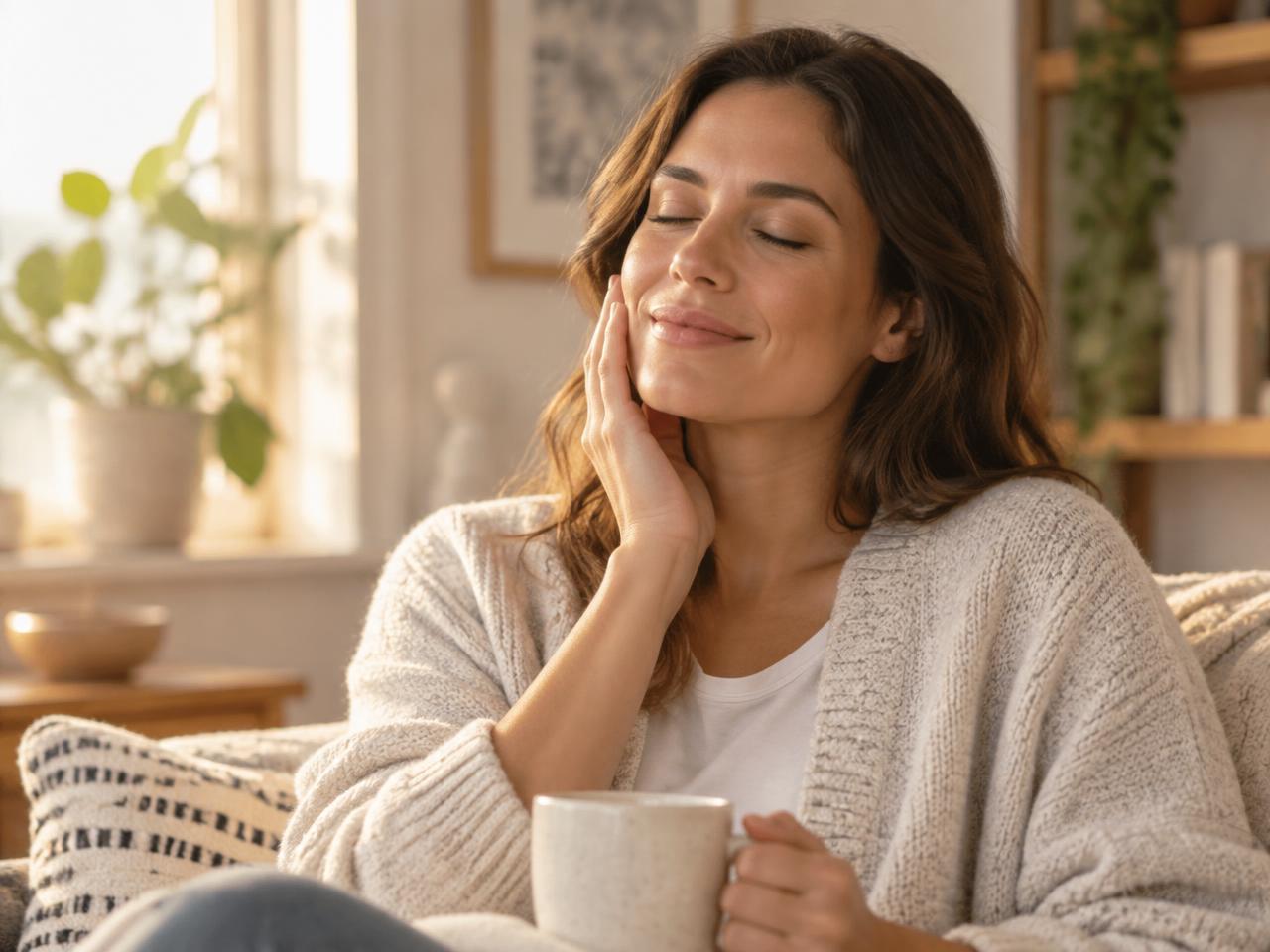 A patient resting at home, relaxed after her tooth pain eased